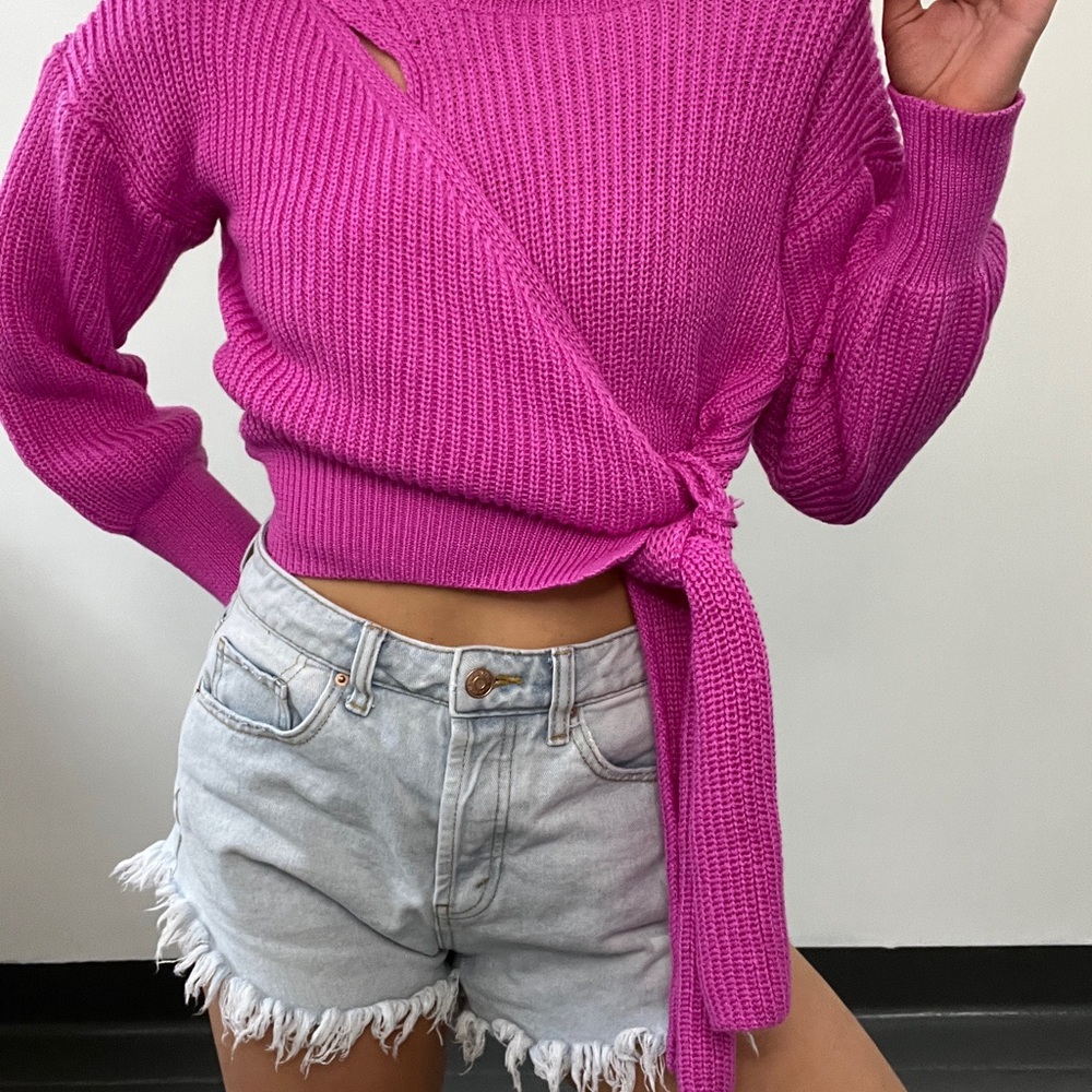 Vibrant Fuchsia Knit Tie Sweater